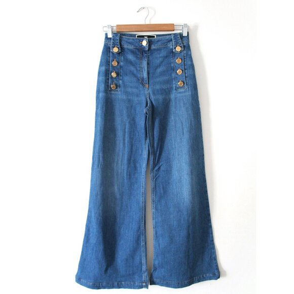 Elisabetta Franchi Palazzo Jeans 31" / Size 27 / Blue Button High Rise Wide Leg - Picture 5 of 11